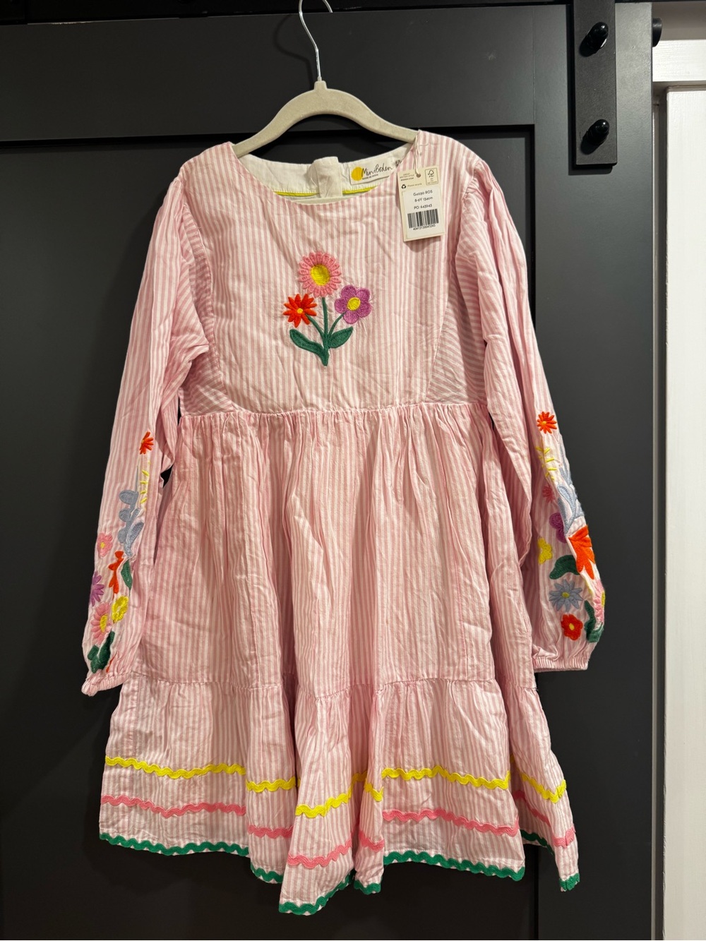 Mini Boden Pink Striped Embroidered Floral Long-Sleeve Dress